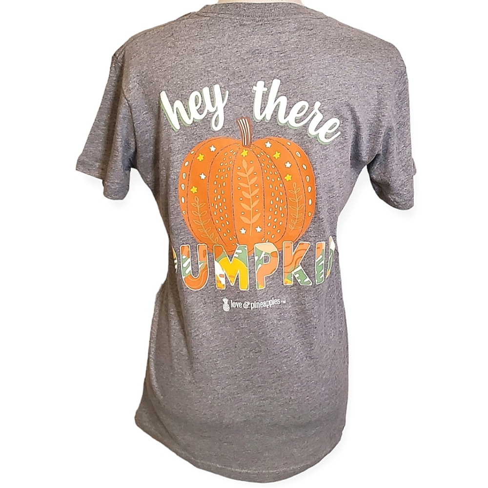 LOVE & PINEAPPLES | Women's gray, pumpkin text graphic short-sleeve t-shirt. NWT